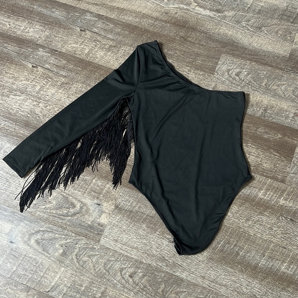 Asymmetrical Black Fringe Small Bodysuit